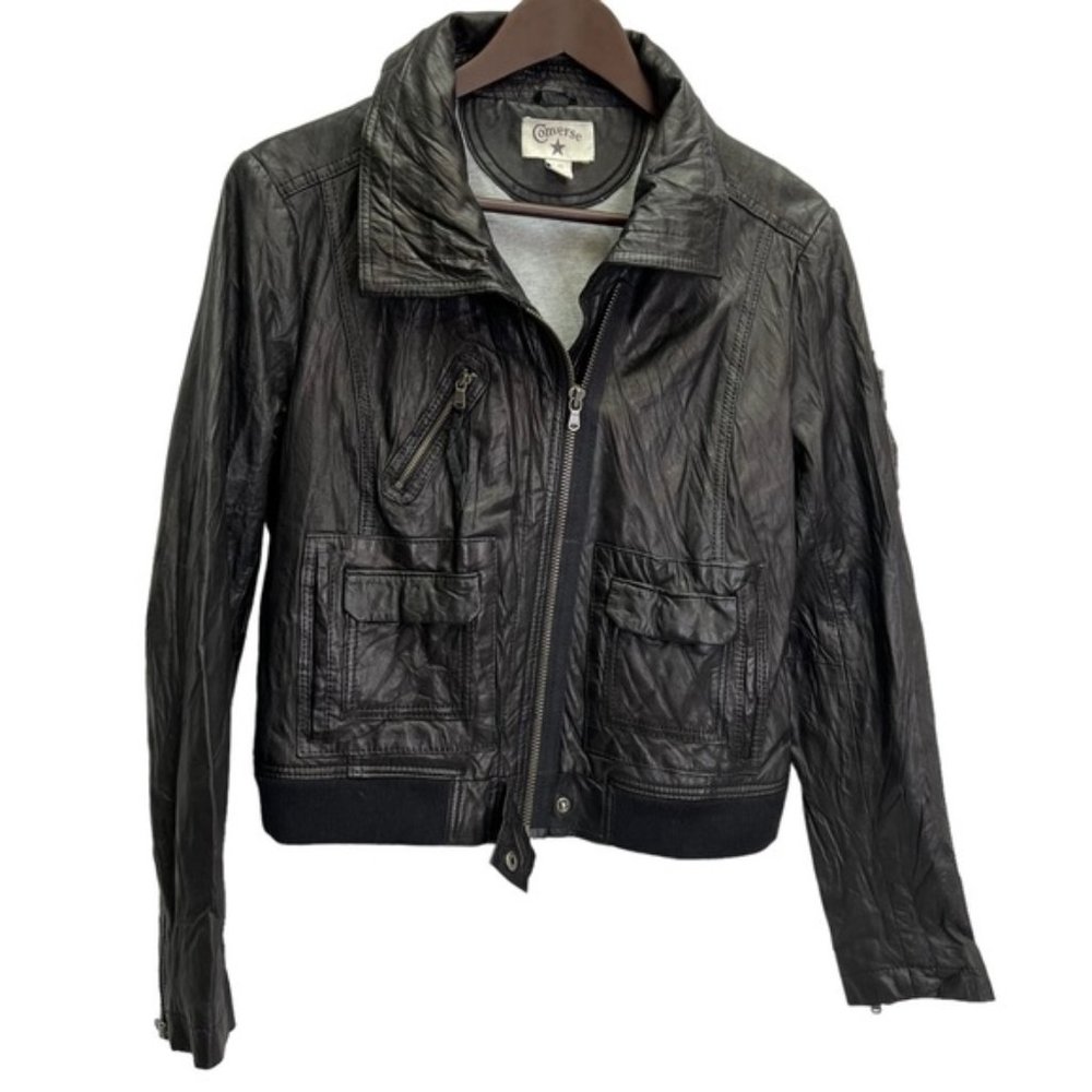Converse Genuine Crinkled Black Leather Jacket Size L